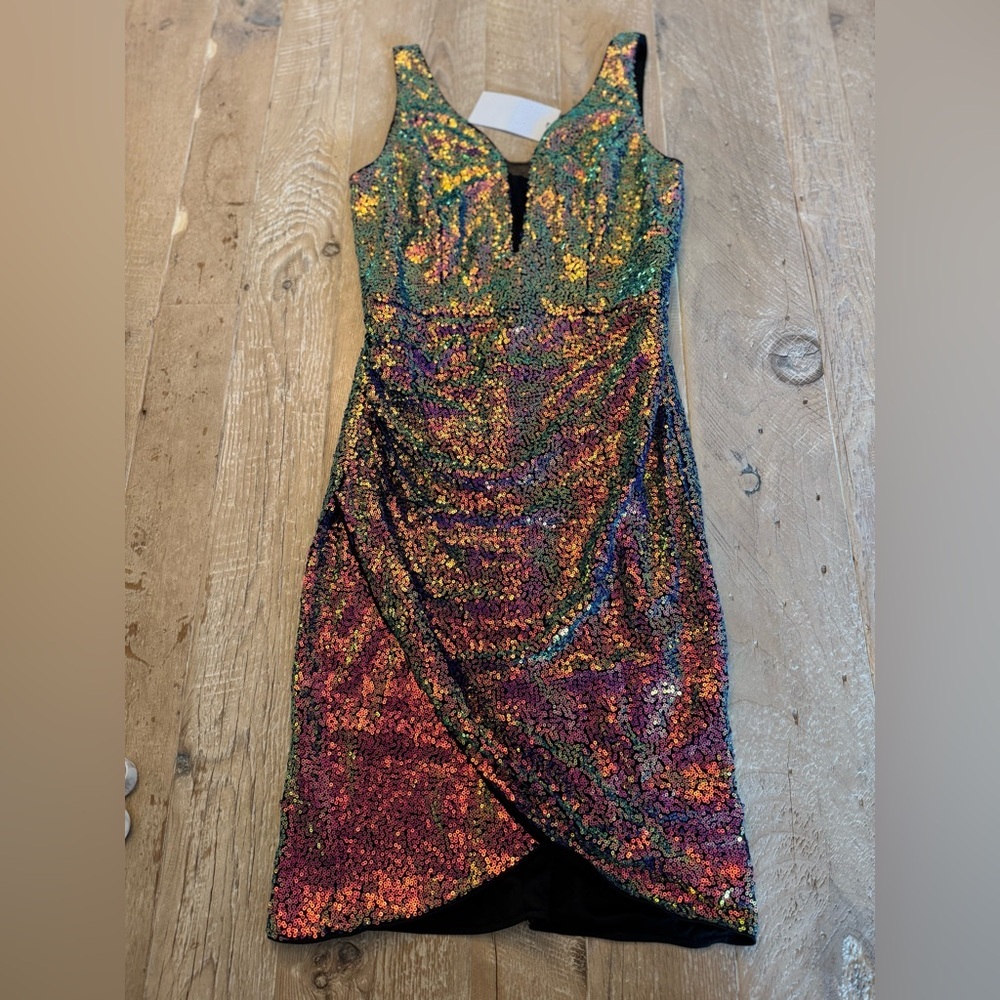 NWT Grace Karin Iridescent Green-Purple Sequin Midi Dress S